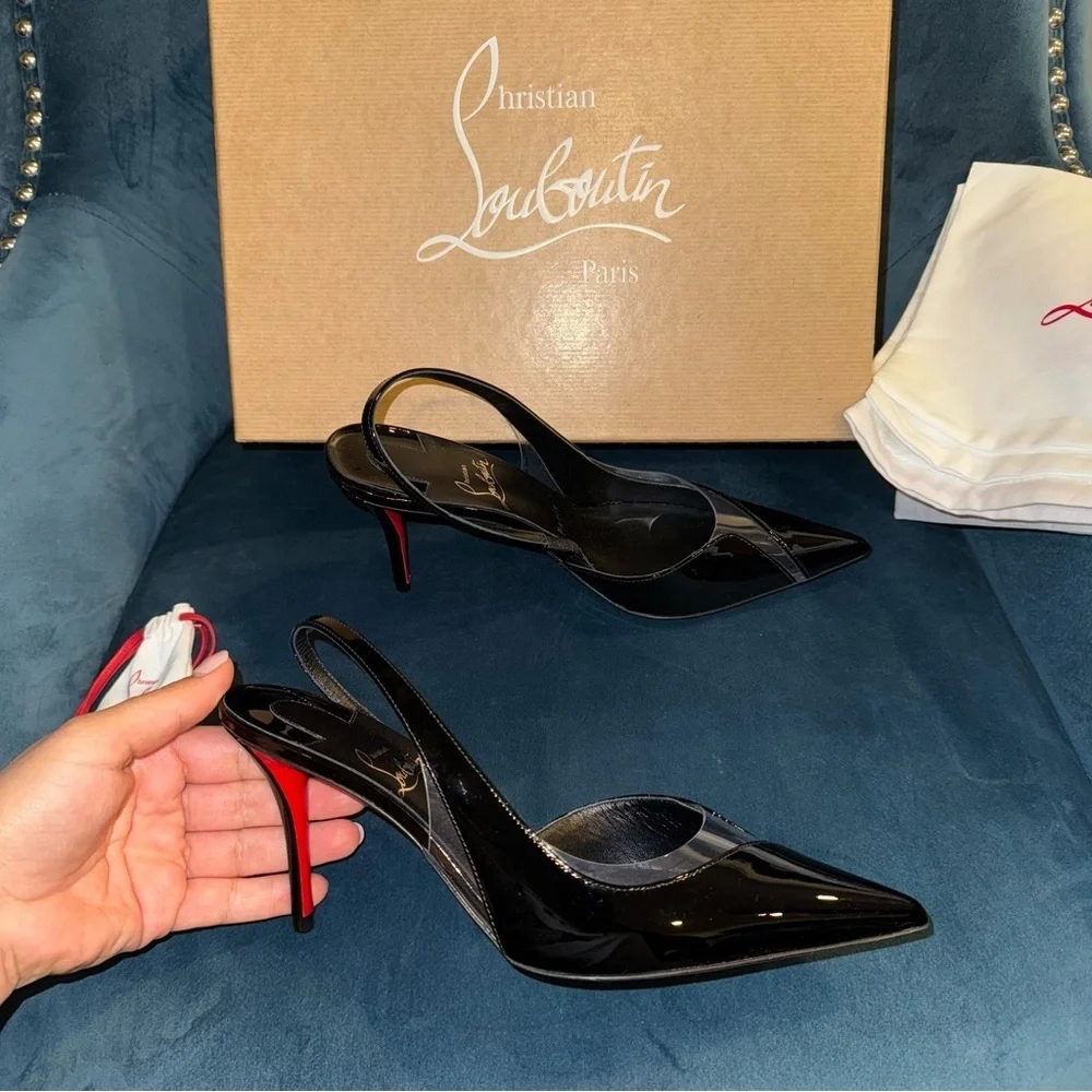 New Size 37.5 Christian Louboutin Posticha 80 leather and PVC slingback pumps